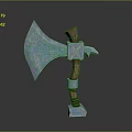 Medieval Battle Axe with Intricate Metallic Head Carvings Wooden Handle And Metal Base