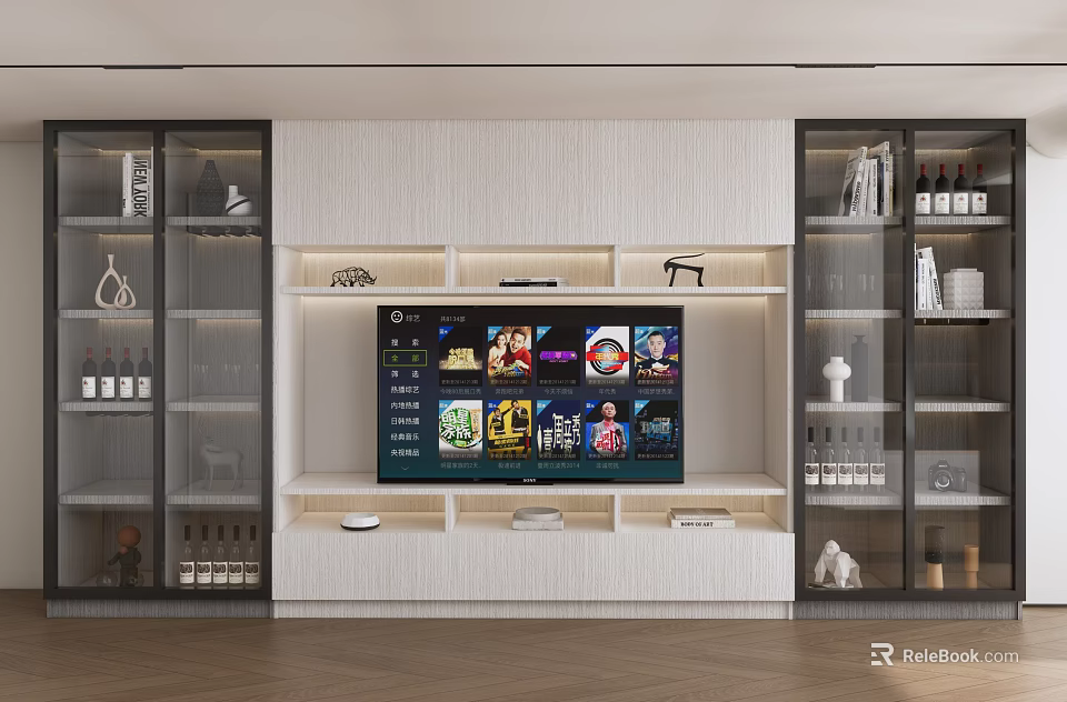 Modern TV Stand With Glass Door Cabinets And Decorative Items In Living Room 3d model 