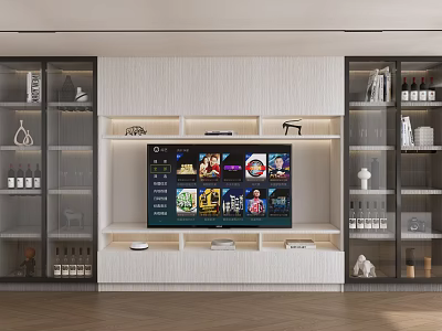 Modern TV Stand With Glass Door Cabinets And Decorative Items In Living Room 3d model