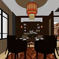 Chinese Style Private Dining Room Interior With Wooden Lattice Screens And Lantern Chandelier
