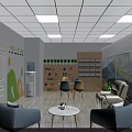 Cozy Indoor Activity Space With Green Yellow Wall Patterns Bookshelves Sofas And Landscape Backdrop 3d model