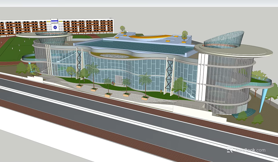 Modern Building Exterior Design With Glass Facade Curved Roof And Trees 3d model 