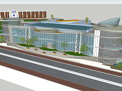 Modern Building Exterior Design With Glass Facade Curved Roof And Trees 3d model