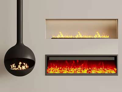Modern Fireplace Designs Featuring Hanging Sphere And Built in Rectangular Fireplaces With Warm Flames 3d model