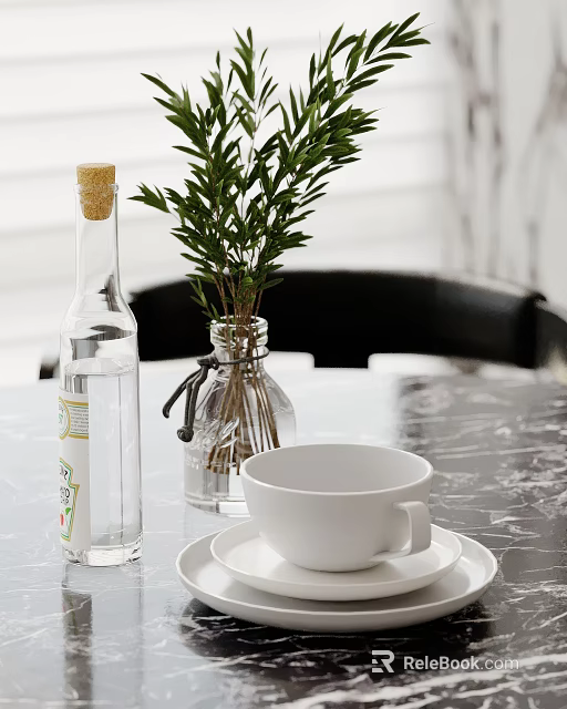 Clear Glass Bottle With Green Plant And White Cup On Marble Tabletop 3d model 