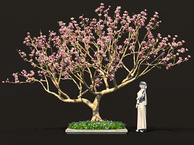 Elegant Bonsai Tree With Pink Flowers Green Grass And Purple Small Flowers 3d model