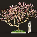 Elegant Bonsai Tree With Pink Flowers Green Grass And Purple Small Flowers