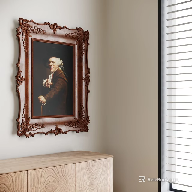 Vintage Portrait Painting In Ornate Carved Frame Hanging On Wall With Wooden Cabinet And Blinds 3d model 