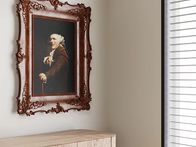 Vintage Portrait Painting In Ornate Carved Frame Hanging On Wall With Wooden Cabinet And Blinds 3d model