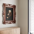 Vintage Portrait Painting In Ornate Carved Frame Hanging On Wall With Wooden Cabinet And Blinds