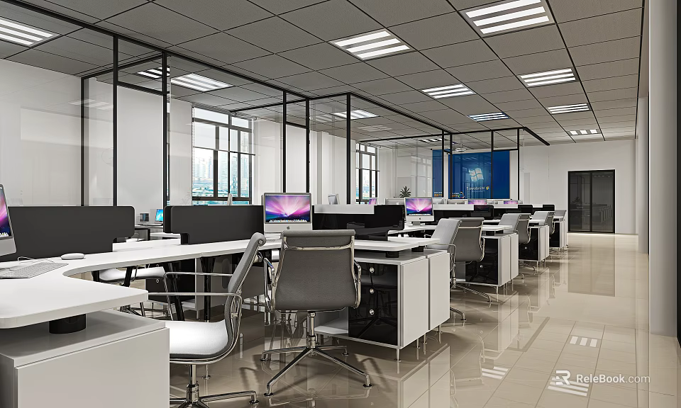 Bright Public Office Space With Open Layout Computers Glass Partitions And Large Windows 3d model