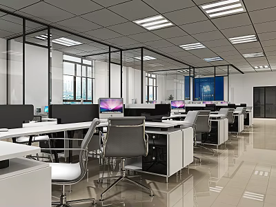 Bright Public Office Space With Open Layout Computers Glass Partitions And Large Windows 3d model