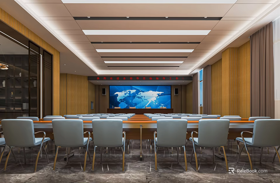 Modern Conference Room Interior With Long Table Large Screen And Wooden Walls 3d model 
