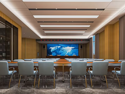 Modern Conference Room Interior With Long Table Large Screen And Wooden Walls 3d model