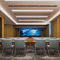 Modern Conference Room Interior With Long Table Large Screen And Wooden Walls