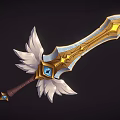 Ornate Golden Sword With Blue Gem White Feathers And Brown Hilt Design