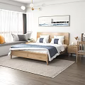 Cozy Modern Bedroom Interior With Wooden Headboard Double Bed White Blue Pillows And Wall Art