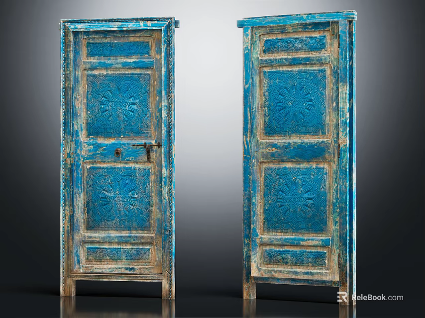 Pair of Vintage Blue Wooden Doors with Carved Patterns and Distressed Finish 3d model 