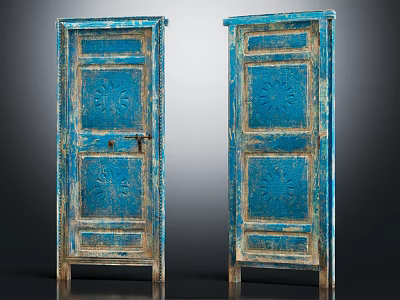 Pair of Vintage Blue Wooden Doors with Carved Patterns and Distressed Finish 3d model