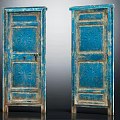 Pair of Vintage Blue Wooden Doors with Carved Patterns and Distressed Finish