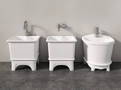 White Ceramic Washbasins With Faucets On Gray Floor Against Gray Wall 3d model