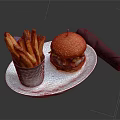 Delicious Hamburger With Crispy Fries Served on White Plate And Purple Napkin