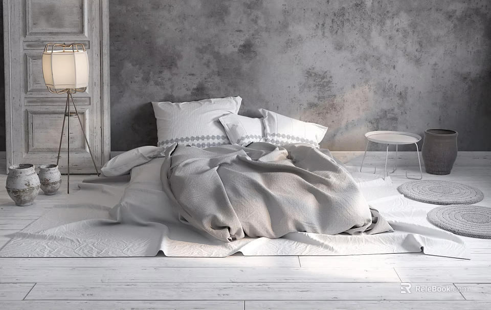 Minimalist Double Bed Interior With Gray Wall White Bedding Floor Lamp And Round Rugs 3d model 
