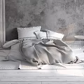 Minimalist Double Bed Interior With Gray Wall White Bedding Floor Lamp And Round Rugs