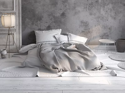Minimalist Double Bed Interior With Gray Wall White Bedding Floor Lamp And Round Rugs 3d model