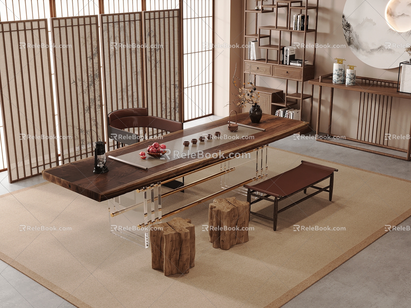 New Chinese Zen Tea Room Tea Table and Chair Tea Cabinet Screen Partition 3d model