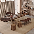 New Chinese Zen Tea Room Tea Table and Chair Tea Cabinet Screen Partition 3d model