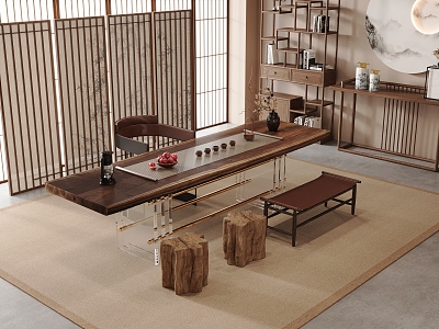 New Chinese Zen Tea Room Tea Table and Chair Tea Cabinet Screen Partition 3d model