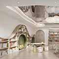 Colorful Kids Playground Interior With Cloud Ceiling Cactus Animal Wall Decor Bookshelves Rocking Chairs And Soft Seating
