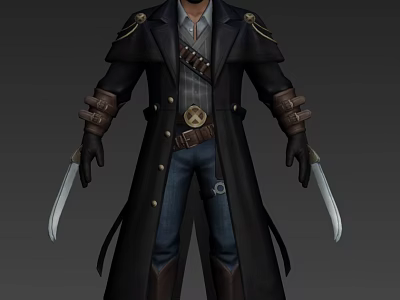 Game Movie Character In Long Black Coat Leather Belt Skull Blue Jeans Boots Dual Daggers 3d model