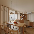 Modern Minimalist Living And Dining Room With Beige Sofa Rattan Pendant Light And Green Plants
