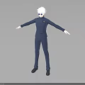 3D Character Model With White Hair Sunglasses Blue Uniform And Outstretched Arms