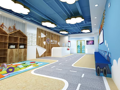 Preschool Classroom Interior Featuring Cloud Ceiling Lights Wooden Bookshelves Colorful Play Mat And Road Floor 3d model