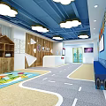 Preschool Classroom Interior Featuring Cloud Ceiling Lights Wooden Bookshelves Colorful Play Mat And Road Floor