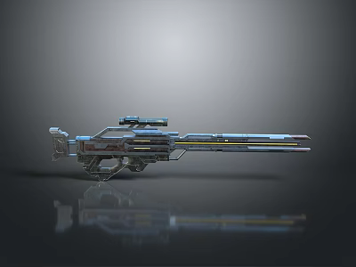 Futuristic Sci-Fi Gun With Metallic Design Shiny Barrel Scope Attachment On Reflective Surface Modern Aesthetic 3d model