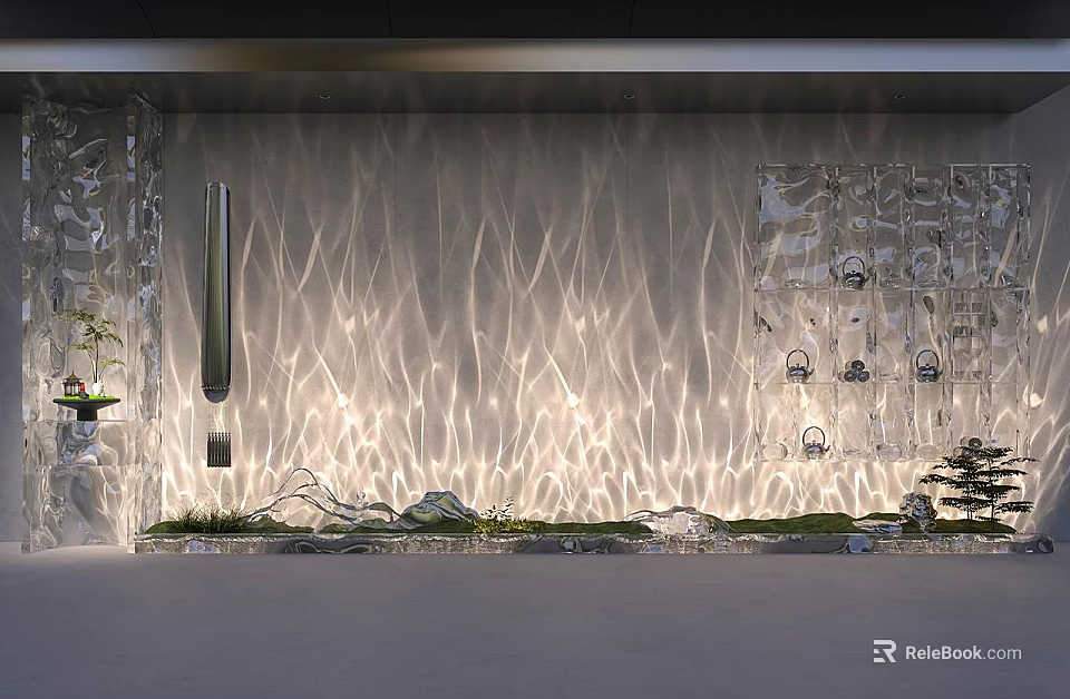 Modern Luxury Background Wall Featuring Water Ripple Light Effects Glass Partition And Green Plants 3d model 