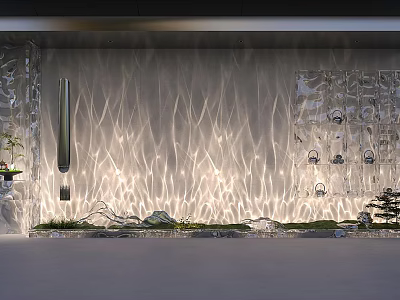Modern Luxury Background Wall Featuring Water Ripple Light Effects Glass Partition And Green Plants 3d model
