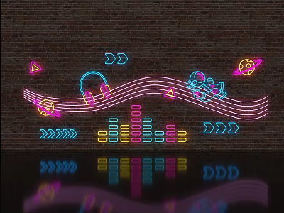 Colorful Neon Decorative Lights on Brick Wall with Headphones Music Notes and Wavy Lines 3d model
