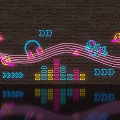 Colorful Neon Decorative Lights on Brick Wall with Headphones Music Notes and Wavy Lines