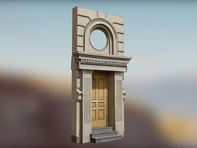 Classical Style Entrance Door With Stone Frame Round Window And Wooden Design 3d model