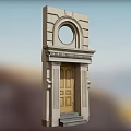 Classical Style Entrance Door With Stone Frame Round Window And Wooden Design