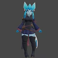 Anime Style Game Character With Blue Fox Ears Dark Outfit And Tail