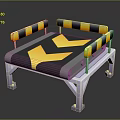 Modern Bench With Yellow Black Striped Armrests And V Shaped Pattern Seat On Metal Frame