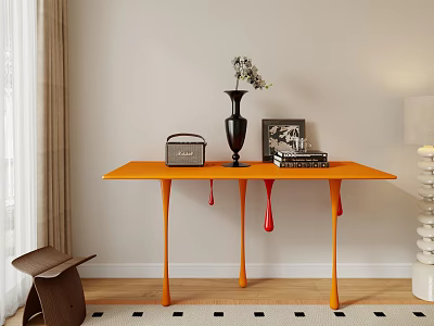 Orange Console Table With Red Droplet Legs Black Vase Flowers Books And Framed 3d model