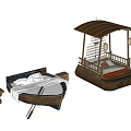 Boat Shaped Children's Bed With Canopy Wooden Frame And Decorative Lanterns