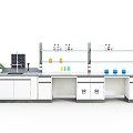 Modern Laboratory Interior With White Lab Bench Storage Cabinets And Reagent Bottles On Shelves